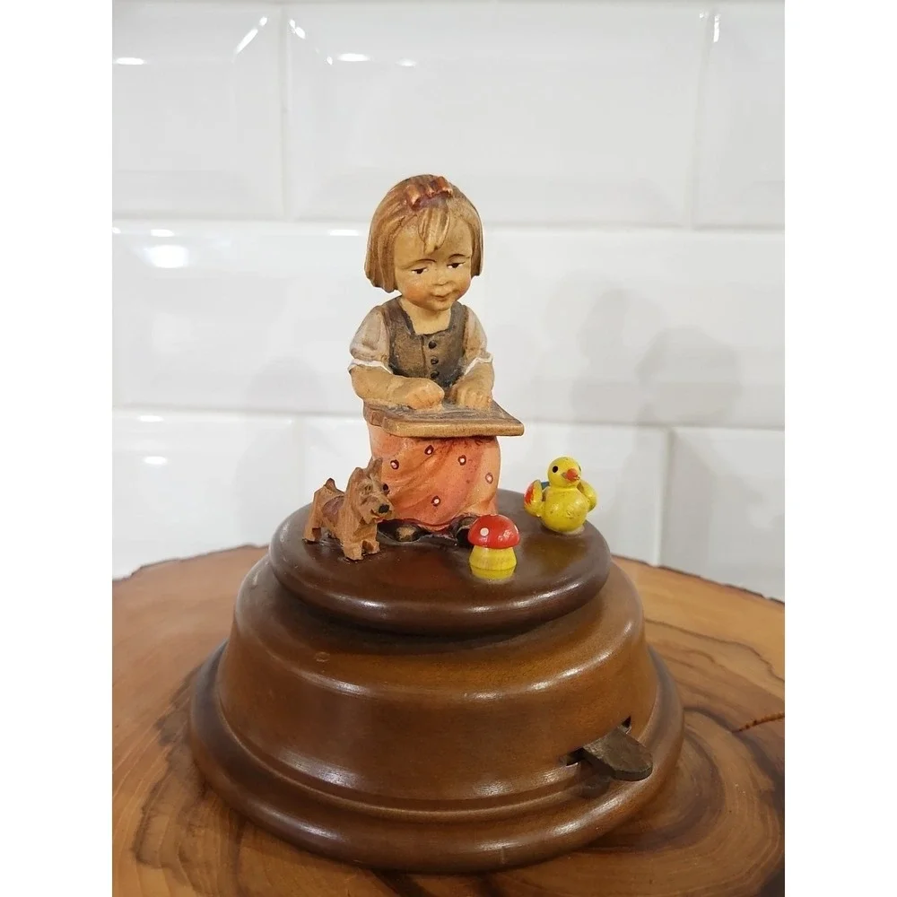 VINTAGE REUGE ROTATING WOOD CARVED MUSIC BOX HAS Girl, Dog,mushroom And Bird 5×5